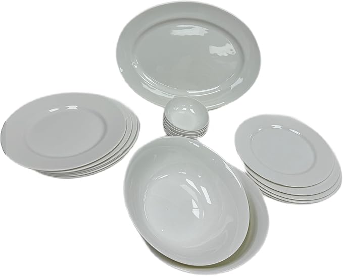 Bone China Dinnerware and Serveware. 21 Piece Dinnerware Set Service for 6 Classic White