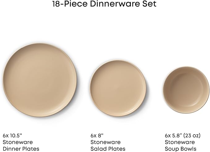 JoyJolt Mesa Stoneware Dinnerware Set 18-Piece Plates and Bowls Sets Includes Dinner - Salad and Cereal and Soup Bowls Modern Farmhouse Matte Beige Dish Set for 6