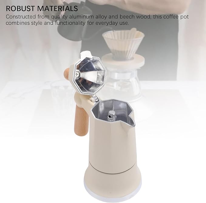 Stovetop Coffee Maker 3 Cups Single Valve Aluminum Alloy Percolator Coffee Maker Pot with Wooden Handle for Home Brewing Easy to Use &amp Clean (White)
