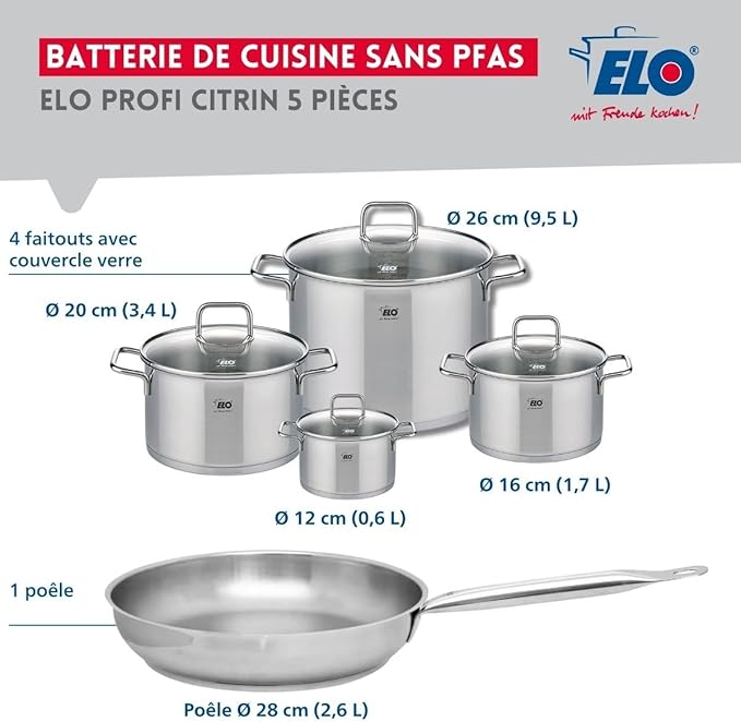 ELO 9698150 Cookware Set 5 Pieces 1 Frying Pan 28 cm and 4 Saucepans 12 16 20 and 26 cm Elo Profi Citrine Stainless Steel Induction