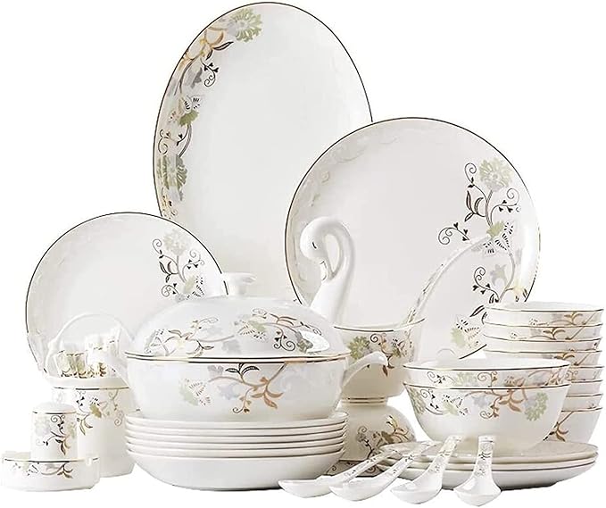 Dinnerware Set Dinner Party Tableware Service Set Ceramics Dinnerware Set with 52-Piece Bowl/Dish/Soup Pot/Spoon|Bone China Dinner Sets Golden Pattern Porcelain Combination