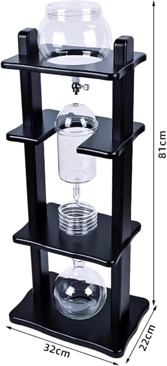 Cold Brew Coffee Tower 1000ml Large Capacity Ice Coffee Machine Slow Drip Technology with Black Wood Straight Frame Makes 6-8 Cups for Bars Clubs Parties