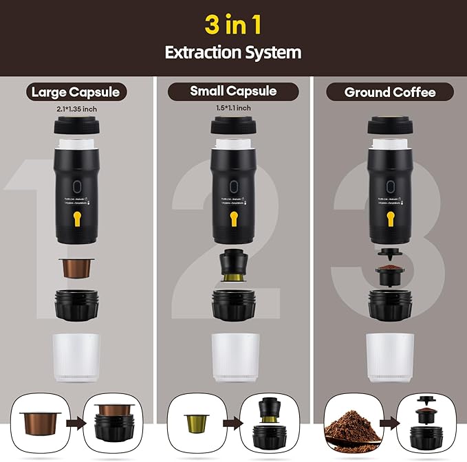 3 In 1 Portable Coffee Maker for Travel:20 Bar Portable Espresso Machine-Travel Coffee Maker Self HeatingCompatible with Ground Coffee &amp Capsule for HikingOfficeRV（Upgrade）