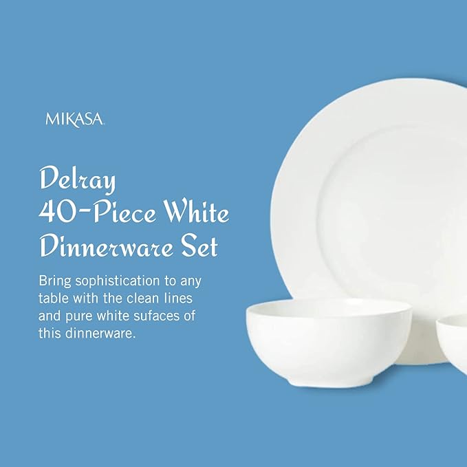 Mikasa Delray 40-Piece White Dinnerware Set Service for 8 Durable Porcelain Plates Bowls and Mugs Dishwasher and Microwave Safe