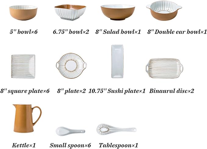New Dinnerware SetsCeramics Dinner Sets 29 Pieces Yellow D Painted Stripes Porcelain Dinnerware Combination Set | -Style Retro Cereals Bowls And Steak Pl