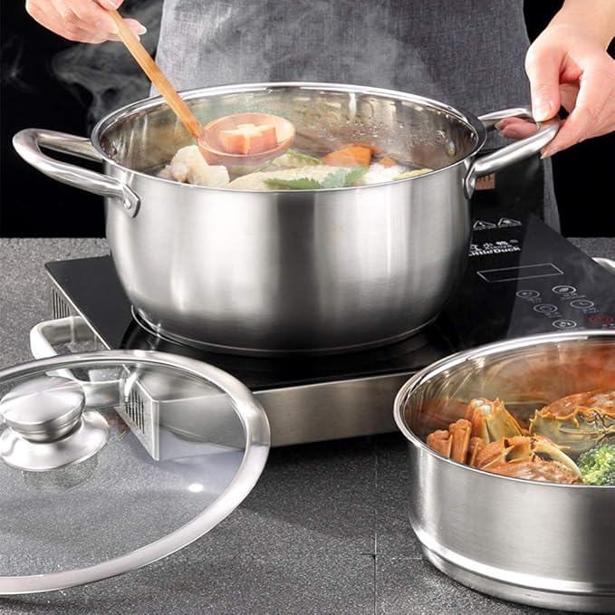 Cookware Set3-Piece Stainless Steel Pot &amp Pan Sets Induction Safe SaucepanMilk Pot with Tempered Glass Cover Comfortable Handle Suitable for Various Gas and Induction Cooker