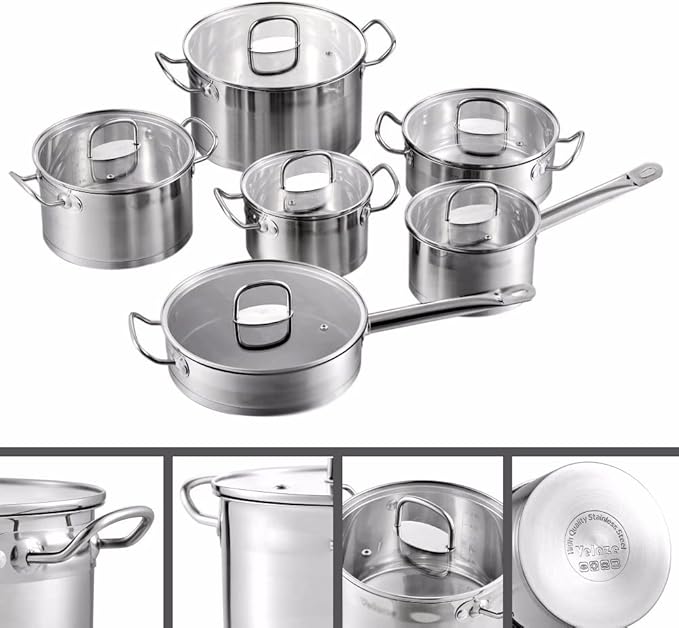 Cookware Cookware Set 12 Piece Stainless Steel Kitchen Cooking Pot&ampPan Sets Induction Saucepan Casserole with Tempered Glass Lid