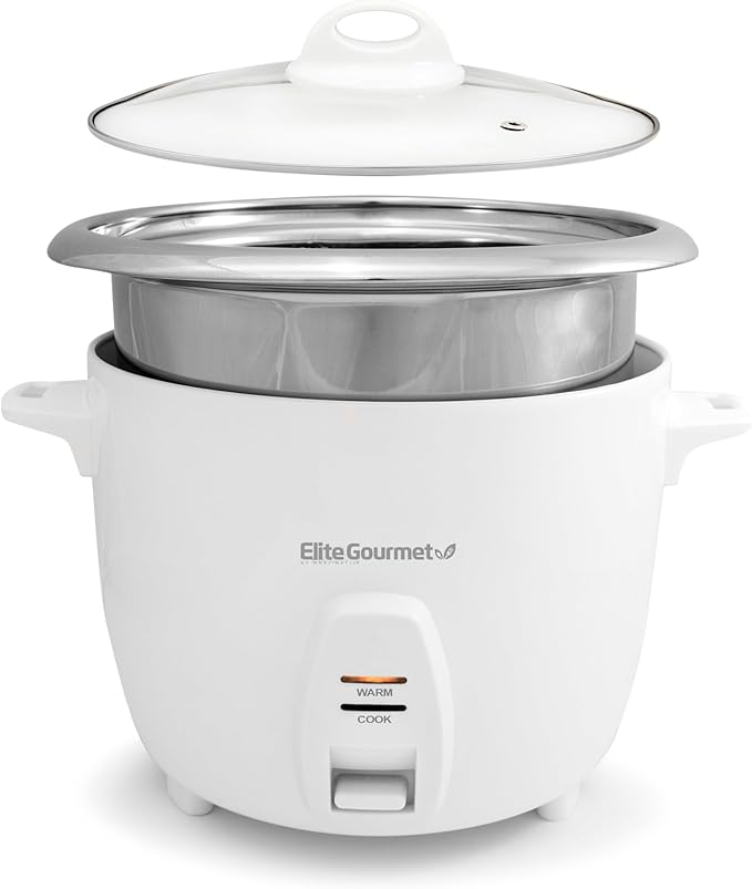Elite Gourmet ERC-2020 Electric Rice Cooker with Stainless Steel Inner Pot Makes Soups Stews Grains Cereals Keep Warm Feature 20 Cups Cooked (10 Cups Uncooked) White