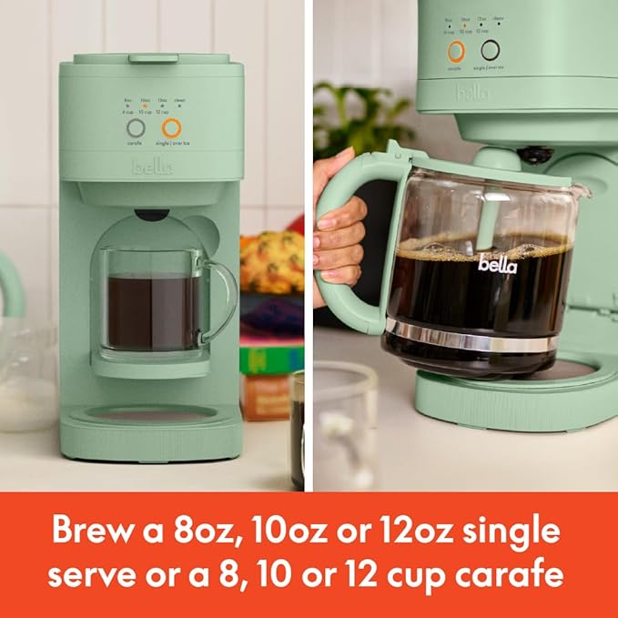 BELLA VersaBrew 2-in1 Coffee Maker K-Cup compatible Brew 3 Sizes Carafes &amp Single Serve Cups Dishwasher Safe Reusable Filter &amp Filter Holder Iced Coffee Function 60oz Tank Seaglass