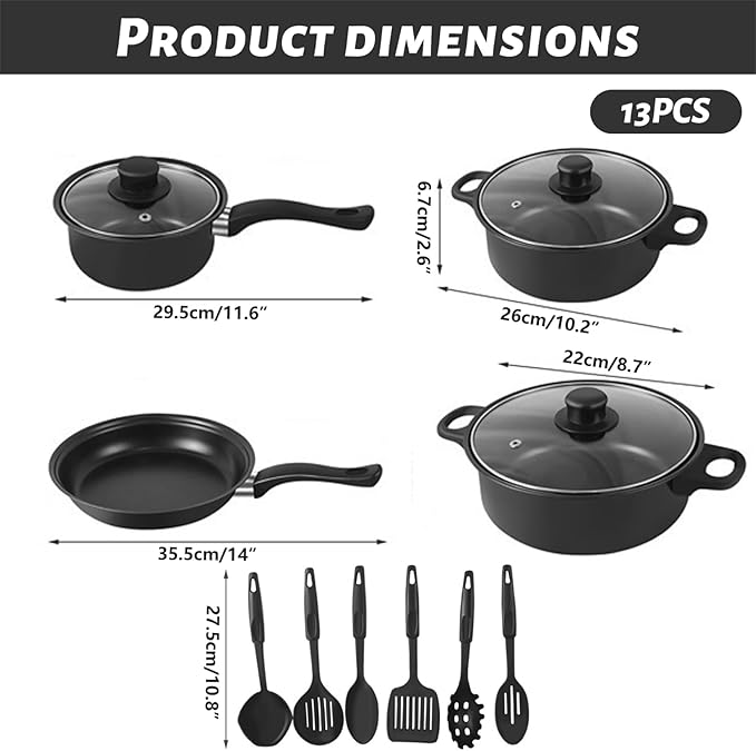 Non Stick Pots and Pans Set 13 Piece Cookware Set with Frying Pans Saucepan Lid Spoon and Spatula Kitchen Cooking for Home Daily Cooking