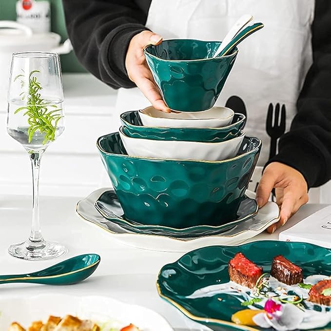 Dinnerware Set Plates and Bowls Sets Bone Porcelain Tableware Set With Plates Dish And Bowls Green White Ceramic Dinner Set With Gold Rim For Home