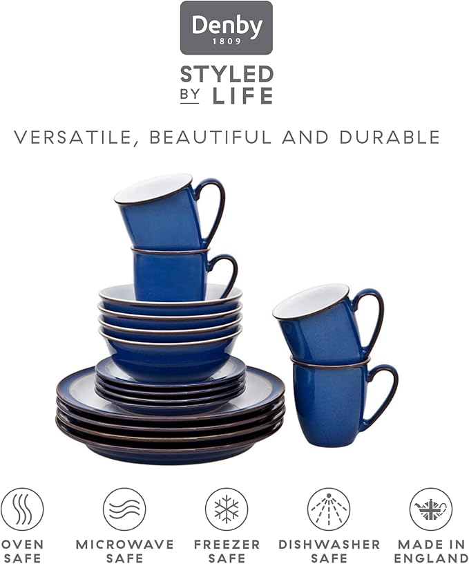 Denby Imperial Blue Dinner Set For 4 - 16 Piece Ceramic Tableware Set - Blue White - Dishwasher Microwave Safe Crockery Set - 4 Dinner Plates 4 Small Plates 4 Cereal Bowls 4 Coffee Mugs