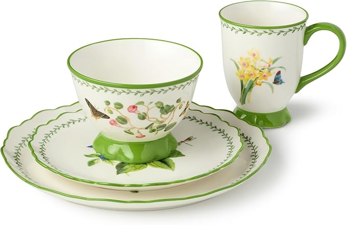 Mirabella 16-Piece Ceramic DINNERWARE SET SERVICE for FOUR with Artistic Floral Dinner Plates Salad Plates Mugs and Ice Cream Bowls Vibrant European-Inspired Tableware for Everyday Meals