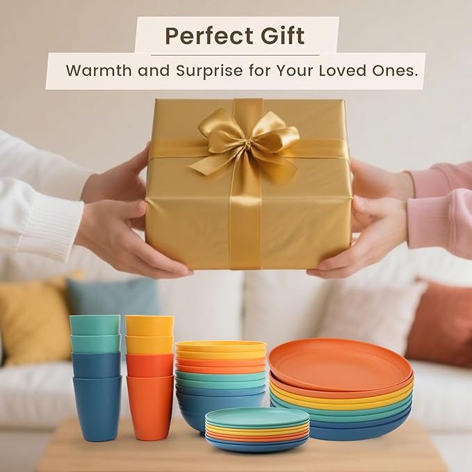 Homienly Dinnerware Set 32-Piece Wheat Straw Dinnerware Sets Unbreakable Reusable Dinnerware Set Kitchen Cups Plates and Bowls Sets Microwave and Dishwasher Safe Dishes for Camping Outdoor-Colorful