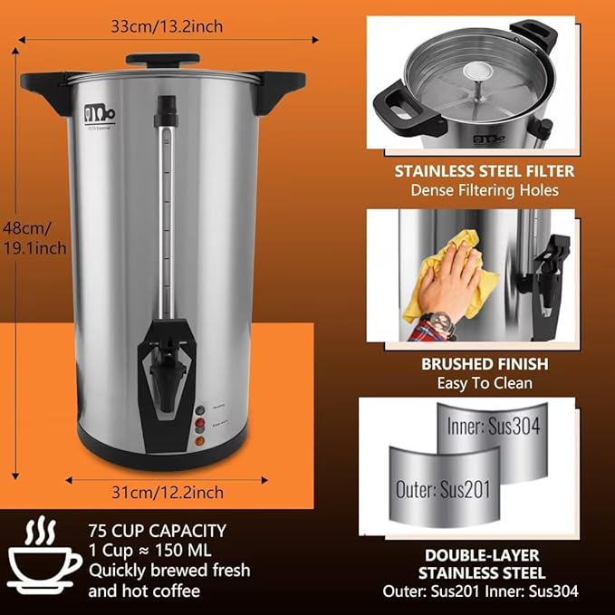 75 Cup 12L/3.17Gallon Commercial Coffee Urn Festa Essential 950W Large Percolate Coffee Maker Hot Beverage dispenser With Double Dripless Faucet Quick-Brewing Hot Water Urn for CateringHomeEvents