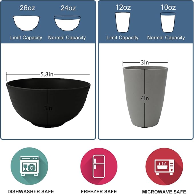 Wrova 40Pack plates and bowls sets for dinner - Unbreakable wheat straw dinnerware sets service for 8 - Alternative plastic 40pcs dish sets for campingpicnic and R.V. - (Black &amp Grey)