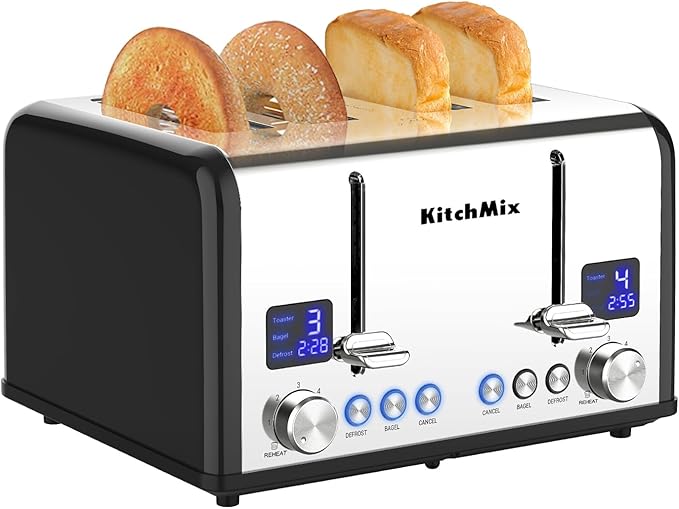 Toaster 4 Slice KitchMix Bagel Stainless Toaster with LCD Timer Extra Wide Slots Dual Screen Removal Crumb Tray (Black)