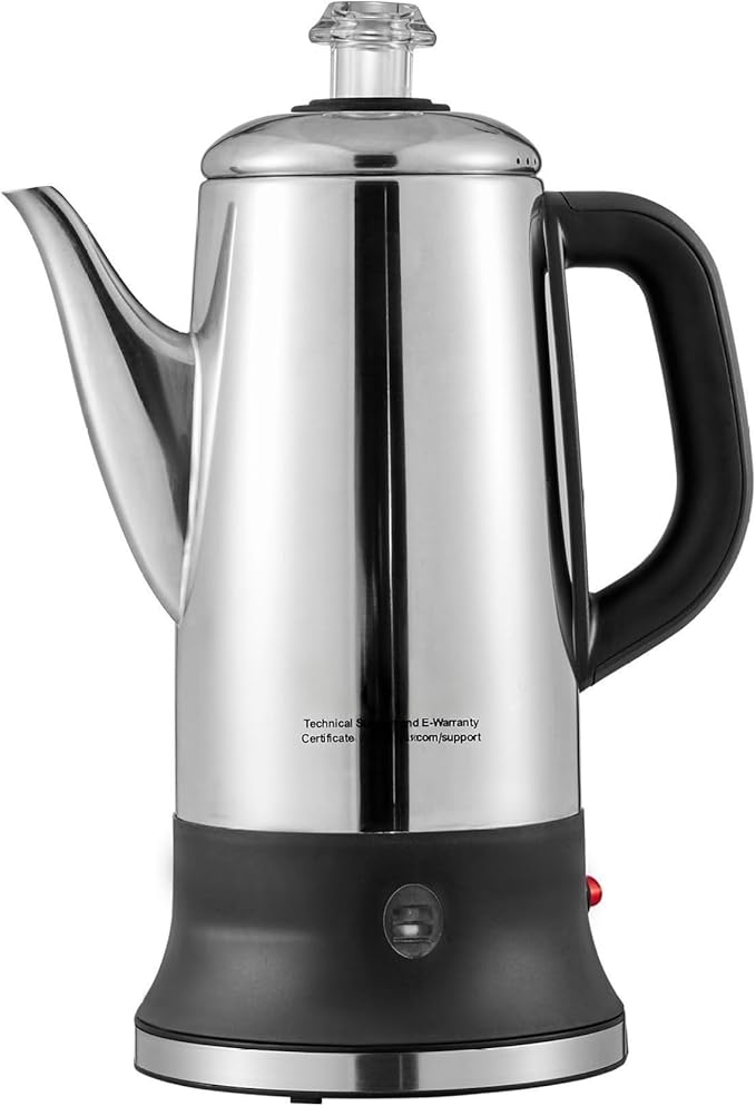 Electric Percolator Coffee Pot 12-Cup Stainless Steel Coffee Maker Keep Warm Quick Brew Easy Pour Spout 1.8L Capacity Silver