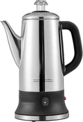 Electric Percolator Coffee Pot 12-Cup Stainless Steel Coffee Maker Keep Warm Quick Brew Easy Pour Spout 1.8L Capacity Silver