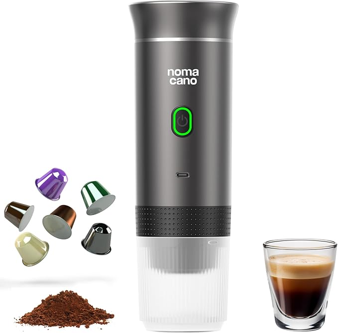 Electric Portable Espresso Machine Travel Coffee Maker Instant Self-Heating with USB-C Extraction Pod System compatible with NS Capsule &amp Ground Coffee for Camping RV Hiking Office