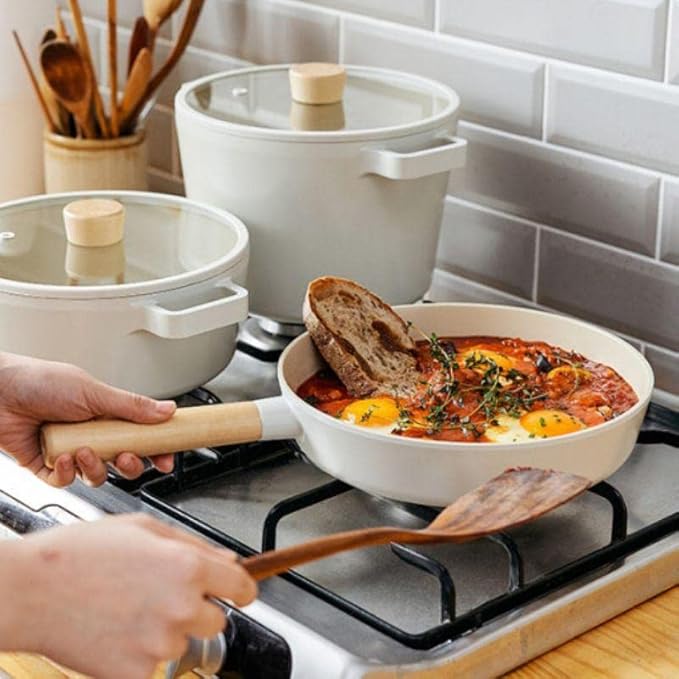 FIKA 5-Piece Nonstick Cookware Pot and Pan Set with Lid Healthy Cooking Ceramic Coated Skillet with Natural Wood Handle Induction Gas Stove Compatible Kitchenware Everyday Cooking Made in Korea