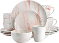 16 Piece Porcelain Marble Dinnerware Set in Red and Orange – Service for 4 Dishwasher &amp Microwave Safe (Red)