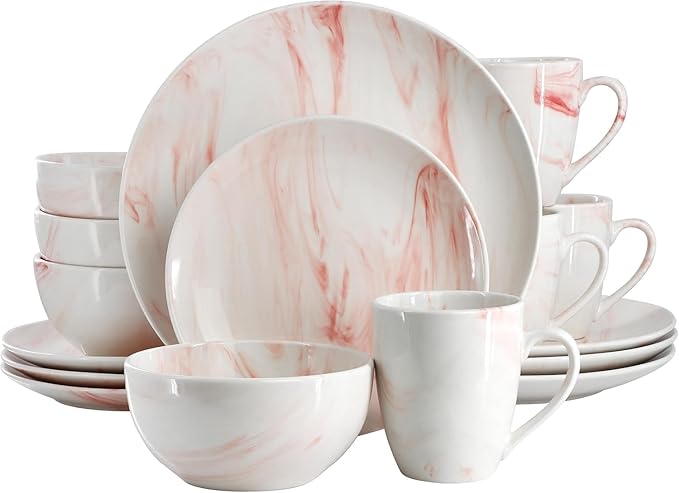 16 Piece Porcelain Marble Dinnerware Set in Red and Orange – Service for 4 Dishwasher &amp Microwave Safe (Red)