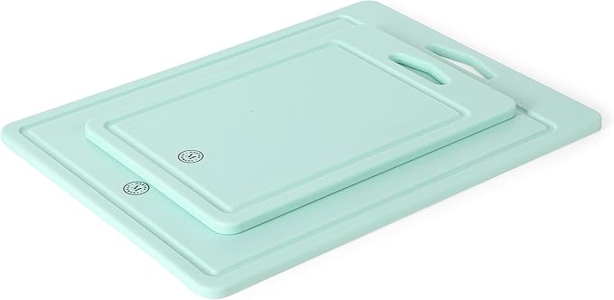 Martha Stewart Lockton Premium Nonstick 10 Piece Enamel Aluminum Pots and Pans Cookware Set + Martha Stewart BPA Free Plastic Cutting Board (16 x 12 and 12 x 8) - Martha Blue