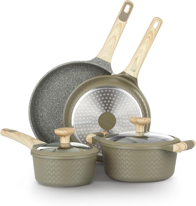 Bambù 6Pcs Cookware set Die-cast Aluminum pots and pans Nonstick frying pans and casseroles Induction safe PFOA-free (Green 6 pcs)