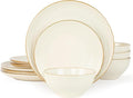 Famiware Jupiter Stoneware Dinnerware Sets Handcrafted Plates and Bowls with Embossed Swirl &amp Speckles Vanilla White - Chip &amp Scratch Resistant Dishwasher &amp Microwave Safe Dishes for 4