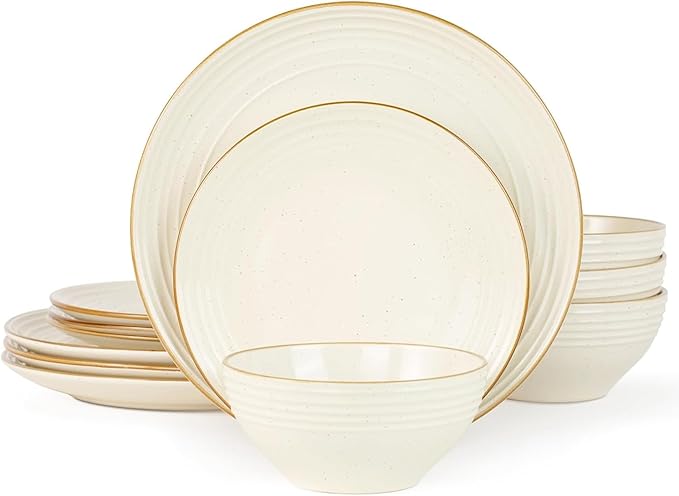 Famiware Jupiter Stoneware Dinnerware Sets Handcrafted Plates and Bowls with Embossed Swirl &amp Speckles Vanilla White - Chip &amp Scratch Resistant Dishwasher &amp Microwave Safe Dishes for 4