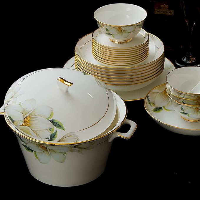 60 Pieces Dinnerware Set Porcelain Bone China Kitchen Dinner Set with Cereal Bowls Dessert Plates Soup Plates Fish Plate Dishes and Soup Pot Service for 10 People Dishwasher and Microwave Safe