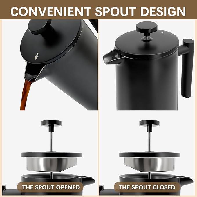 French Press Coffee Maker 304 Grade Stainless Steel French Press with 2 Extra Filters for Home Office Travel Camping - 34OZ/2 Litre (Black)