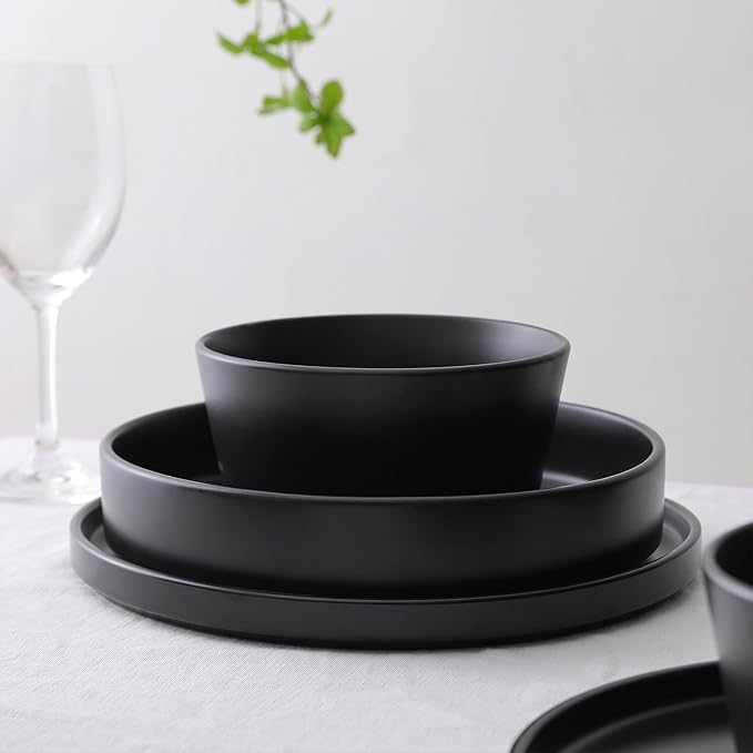 Stone Lain Celina Stoneware 12-Piece Dinnerware Set Cereal and Pasta Bowls Black Coupe