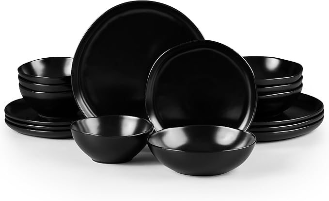 HaWare Plates and Bowls Set Stoneware Dinnerware Sets 16-Piece Hand-painted Dishware for 4 Ceramic Dish Set for Home Kitchen Scratch Resistant Microwave and Dishwasher Safe Matte Black