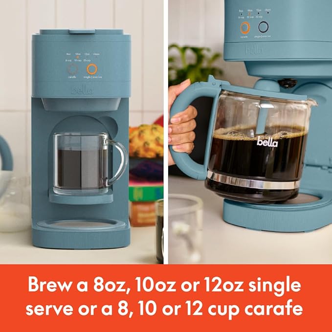 BELLA VersaBrew 2-in1 Coffee Maker K-Cup compatible Brew 3 Sizes Carafes &amp Single Serve Cups Dishwasher Safe Reusable Filter &amp Filter Holder Iced Coffee Function 60oz Tank Surf