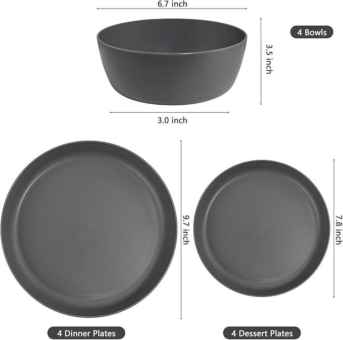 EI 12pcs Wheat Straw Dinnerware Set of 4Kitchen Plates and BowlsReuasble PlatesUnbreakable Dinner PlateHard Premium Plastic Plate for CampingPicnincHalloween