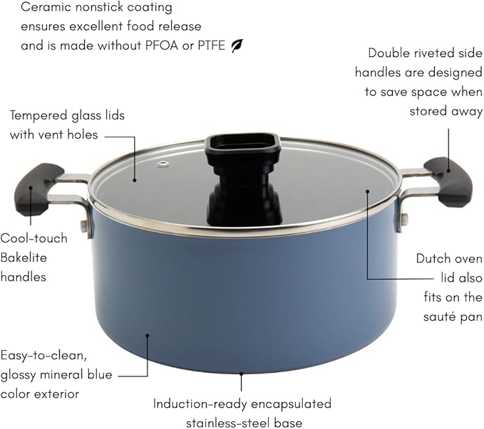 Denmark Tools for Cooks 7 Piece Ceramic Nonstick Aluminum Nesting Cookware Set Pots Pans Blue