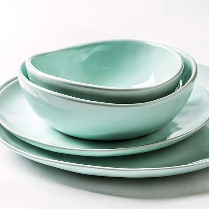 Classic Porcelain Dinnerware SetsIrregular Cereals Bowls and Steak Plates Sets|30 Pieces Light Green Ceramics Dinner Combination Set for