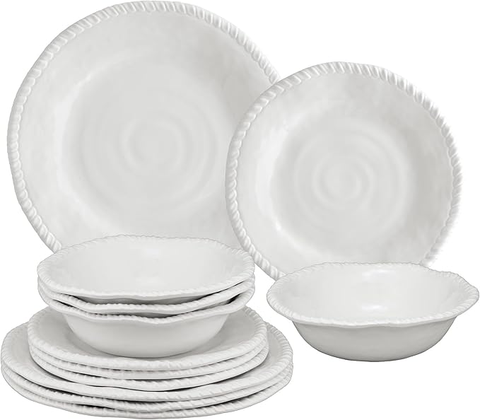 UPware 12 Piece Rope Melamine Dinnerware Sets Outdoor Dishes Set Plates and Bowls Sets Service for 4 White