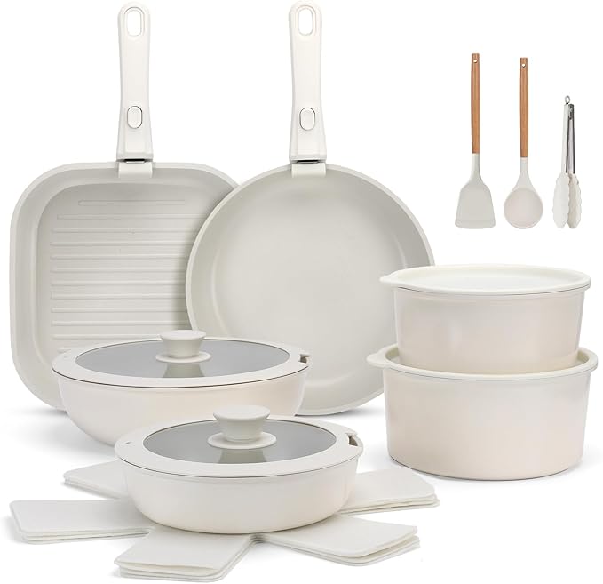 20 Piece Ceramic Pots and Pans Set Non Stick Cookware Set with Detachable Handles Oven Safe Induction Ready Stackable RV Kitchen Cooking Set Cream White