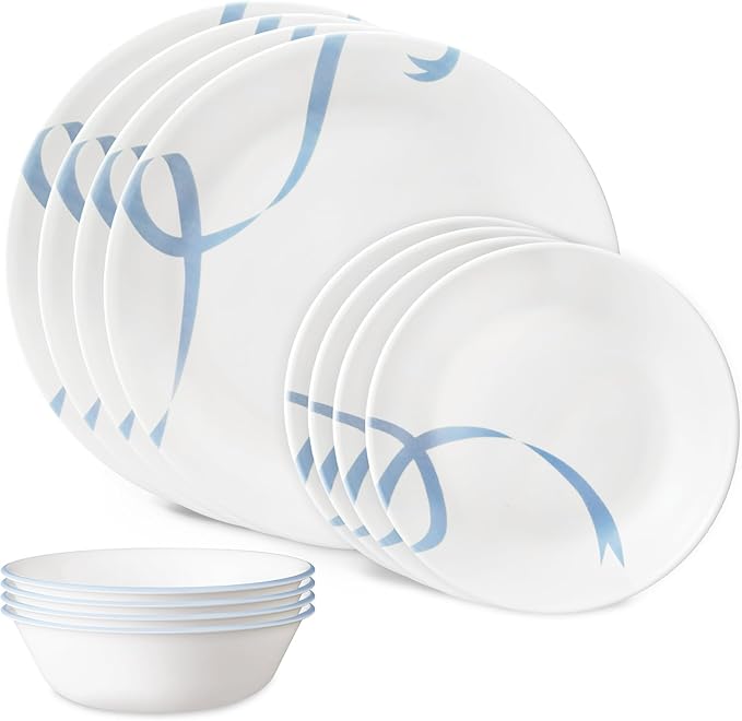 12-Piece Premium Triple-Layer Glass Dinnerware Set Service for 4 Classic Blue Ribbon Pattern Design Chip and Crack Resistant Tableware for Daily Dining Dishwasher and Microwave Safe Kitchen Essent