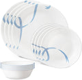 12-Piece Premium Triple-Layer Glass Dinnerware Set Service for 4 Classic Blue Ribbon Pattern Design Chip and Crack Resistant Tableware for Daily Dining Dishwasher and Microwave Safe Kitchen Essent