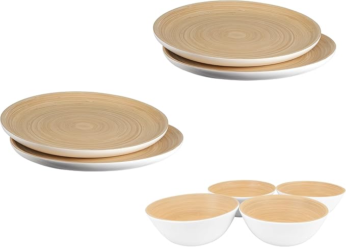 LEXA 8-Piece Handcrafted Bamboo Plate &amp Bowl Set Four 12” Serving Plates and Four 8” Bowls Spun Bamboo Dinnerware for Everyday Meals Entertaining &amp Home Décor (White)