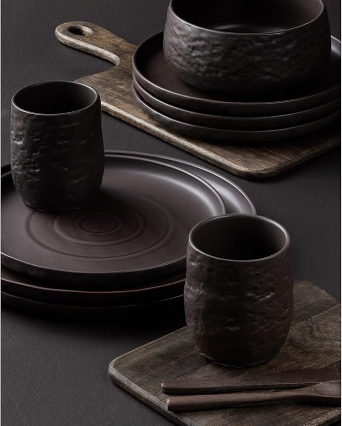 Stone by Mercer Project SHOSAI 16-Piece Stoneware Dinnerware Set Plates and Bowls Set Modern Dishware set fo 4 Black