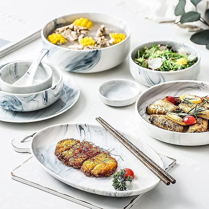 Dinnerware Sets Dish Set Ceramic Dinnerware Sets Ins Nordic Creative Plate and Bowl Set Marble Pattern Kitchen Kitchen Plate Set Dishwasher Microwave Safe51Pcs