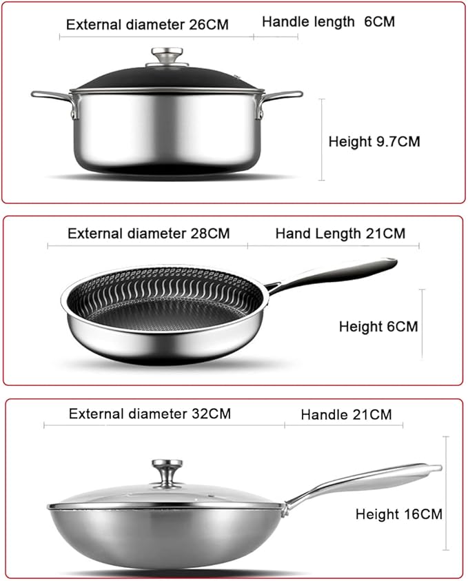 316 Stainless Steel Premium Non-stick Cookware 3 Pieces Set 28CM Frying Pan32CM Wok Pan With Lid26CM Flat-Bottomed Soup Pot With Lid