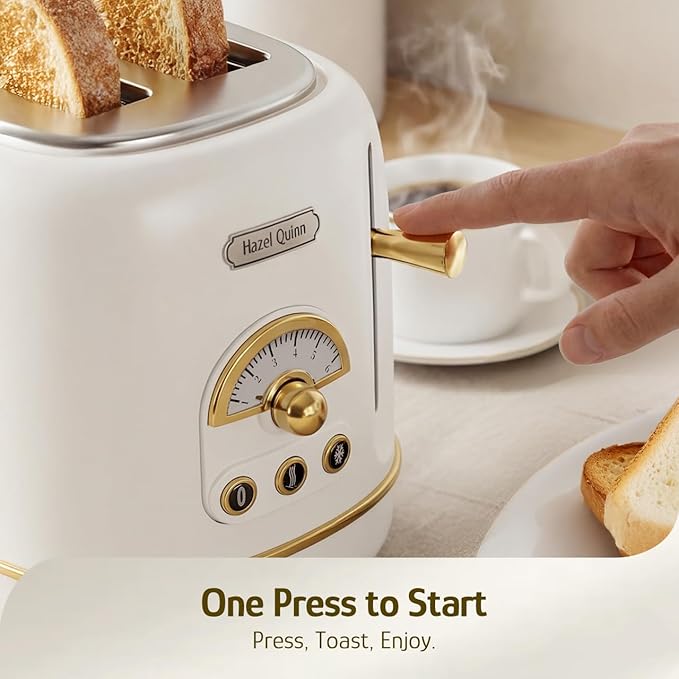 Hazel Quinn 2-Slice Retro Toaster 6 Browning Levels 3 Functions-Defrost/Reheat/Cancel Removable Crumb Tray for Easy to Clean 1.5 Inches Extra Wide Slots - Pearl White