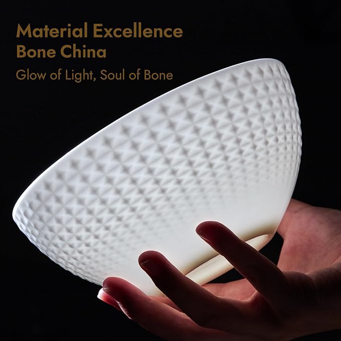 KINGSTONE Bone China Dinnerware Set 18-Piece White Lightweight Porcelain for 6 Plates and Bowls with Rhombus patterned edge design Microwave and Dishwasher Safe for Family Restaurant Gifting