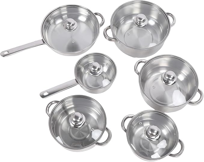 6 Pcs Stainless Steel Pots and Pans Set Even Heating Thickened Easy to Cookware Set with Lids for Kitchen